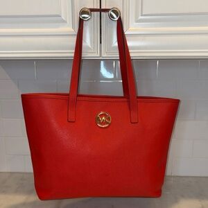 Michael Kors Purse Tote Bag Jet Set Travel Large Saffiano Leather - Red Gold
